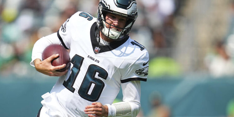 PHILADELPHIA, PENNSYLVANIA - AUGUST 24: Tanner McKee #16 of the Philadelphia Eagles runs the ball against the Minnesota Vikings during the preseason game at Lincoln Financial Field on August 24, 2024 in Philadelphia, Pennsylvania. The Vikings defeated the Eagles 26-3. (Photo by Mitchell Leff/Getty Images)