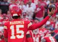 Sep 15, 2024; Kansas City, Missouri, USA; Kansas City Chiefs quarterback Patrick Mahomes (15) throws a pass against the Cincinnati Bengals during the game at GEHA Field at Arrowhead Stadium. Mandatory Credit: Denny Medley-Imagn Images