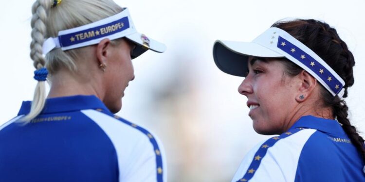 Charley Hull (left) and Georgia Hall – Solheim Cup 2024: Europe win crucial fourballs points to trail USA 10-6 after day two