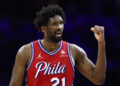 PHILADELPHIA, PENNSYLVANIA - APRIL 28: Joel Embiid #21 of the Philadelphia 76ers reacts during the fourth quarter against the New York Knicks during game four of the Eastern Conference First Round Playoffs at the Wells Fargo Center on April 28, 2024 in Philadelphia, Pennsylvania. (Photo by Tim Nwachukwu/Getty Images)