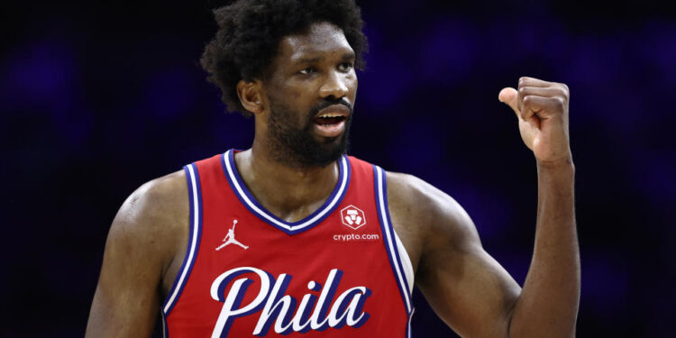 PHILADELPHIA, PENNSYLVANIA - APRIL 28: Joel Embiid #21 of the Philadelphia 76ers reacts during the fourth quarter against the New York Knicks during game four of the Eastern Conference First Round Playoffs at the Wells Fargo Center on April 28, 2024 in Philadelphia, Pennsylvania. (Photo by Tim Nwachukwu/Getty Images)