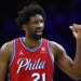 PHILADELPHIA, PENNSYLVANIA - APRIL 28: Joel Embiid #21 of the Philadelphia 76ers reacts during the fourth quarter against the New York Knicks during game four of the Eastern Conference First Round Playoffs at the Wells Fargo Center on April 28, 2024 in Philadelphia, Pennsylvania. (Photo by Tim Nwachukwu/Getty Images)