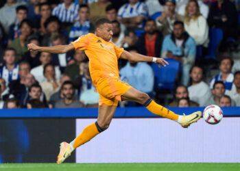 SAN SEBASTIAN, SPAIN - SEPTEMBER 14: Kylian Mbappe of Real Madrid in action during the LaLiga match between Real Sociedad and Real Madrid CF  at Reale Arena on September 14, 2024 in San Sebastian, Spain. (Photo by Juan Manuel Serrano Arce/Getty Images)