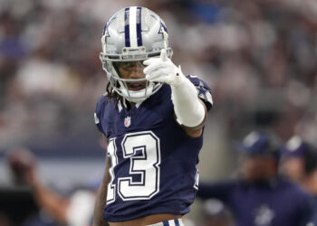 ARLINGTON, TEXAS - AUGUST 24: Tyron Billy-Johnson #13 of the Dallas Cowboys gestures after catching a pass for a first down during the first half of a preseason game against the Los Angeles Chargers at AT&T Stadium on August 24, 2024 in Arlington, Texas. (Photo by Sam Hodde/Getty Images)