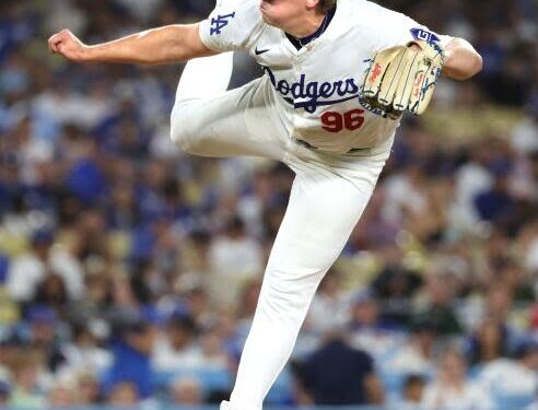 Los Angeles, California September 6, 2024-Dodgers pitcher Landon Knack throws a pitch.