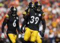 DENVER, CO - SEPTEMBER 15: Safety Minkah Fitzpatrick #39 of the Pittsburgh Steelers celebrates during the first quarter of an NFL football game against the Denver Broncos, at Empower Field at Mile High on September 15, 2024 in Denver, Colorado. (Photo by Brooke Sutton/Getty Images)