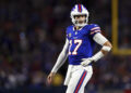 ORCHARD PARK, NY - SEPTEMBER 23: Josh Allen #17 of the Buffalo Bills reacts after a play during the third quarter of an NFL football game against the Jacksonville Jaguars at Highmark Stadium on September 23, 2024 in Orchard Park, New York. (Photo by Kevin Sabitus/Getty Images)