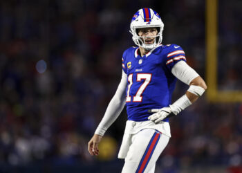 ORCHARD PARK, NY - SEPTEMBER 23: Josh Allen #17 of the Buffalo Bills reacts after a play during the third quarter of an NFL football game against the Jacksonville Jaguars at Highmark Stadium on September 23, 2024 in Orchard Park, New York. (Photo by Kevin Sabitus/Getty Images)