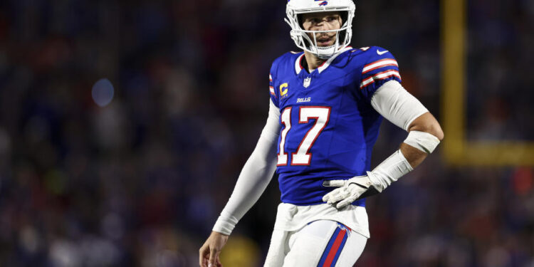 ORCHARD PARK, NY - SEPTEMBER 23: Josh Allen #17 of the Buffalo Bills reacts after a play during the third quarter of an NFL football game against the Jacksonville Jaguars at Highmark Stadium on September 23, 2024 in Orchard Park, New York. (Photo by Kevin Sabitus/Getty Images)