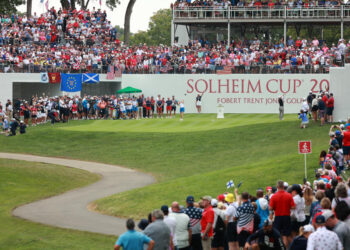 GAINESVILLE, VIRGINIA - SEPTEMBER 13: Leona Maguire of Team Europe plays her tee shot on the first hole during Fourball Matches on Day One of the Solheim Cup at Robert Trent Jones Golf Club on Friday, September 13, 2024 in Gainesville, Virginia. (Photo by Jorge Lemus/NurPhoto via Getty Images)