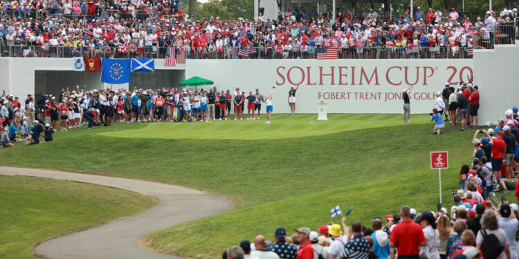 GAINESVILLE, VIRGINIA - SEPTEMBER 13: Leona Maguire of Team Europe plays her tee shot on the first hole during Fourball Matches on Day One of the Solheim Cup at Robert Trent Jones Golf Club on Friday, September 13, 2024 in Gainesville, Virginia. (Photo by Jorge Lemus/NurPhoto via Getty Images)