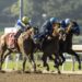 Wathnan Racing's Subsanador and jockey Mike Smith (center, white shadow-roll) win the inaugural California Crown Stakes, Grade I $1,000,000, on Saturday, Sept. 28, 2024 at Santa Anita Park, Arcadia, Calif. CA barely outfinishing National Treasure and Flavien Prat, inside, and Newgate and John Velazquez, outside. are seen. (Benoit Photo via AP)