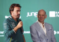 Fernando Alonso, left, speaks during a press conference to unveil Adrian Newey, right, as the newly appointed managing technical partner of Aston Martin Aramco Formula One Team, at the AMF1 Team Technology Campus, Silverstone, Northamptonshire, England, Tuesday Sept. 10, 2024. Adrian Newey said it is his goal to turn Aston Martin into Formula One world champions after he was unveiled at the British team's Silverstone headquarters. (Bradley Collyer/PA via AP)