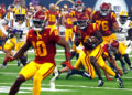 LAS VEGAS, NV - SEPTEMBER 01: Running back Woody Marks (4) of the USC Trojans runs upfield during the Modelo Vegas Kickoff Classic featuring the USC Trojans versus the LSU Tigers on September 1, 2024 at Allegiant Stadium in Las Vegas, Nevada. (Photo by Jeff Speer/Icon Sportswire via Getty Images)