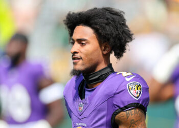 GREEN BAY, WISCONSIN - AUGUST 24: Nate Wiggins #2 of the Baltimore Ravens participates in warmups prior to a preseason game against the Green Bay Packers at Lambeau Field on August 24, 2024 in Green Bay, Wisconsin.  (Photo by Stacy Revere/Getty Images)