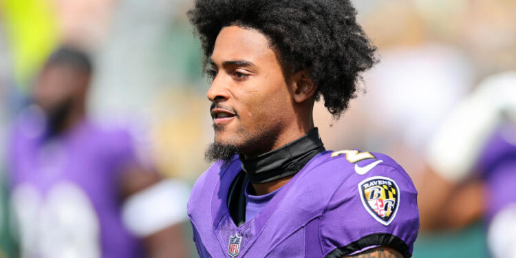 GREEN BAY, WISCONSIN - AUGUST 24: Nate Wiggins #2 of the Baltimore Ravens participates in warmups prior to a preseason game against the Green Bay Packers at Lambeau Field on August 24, 2024 in Green Bay, Wisconsin.  (Photo by Stacy Revere/Getty Images)