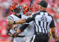 KANSAS CITY, MISSOURI - SEPTEMBER 15: Joe Burrow #9 of the Cincinnati Bengals holds back JaMarr Chase #1 of the Cincinnati Bengals from arguing in the fourth quarter with Trent McDuffie #22 of the Kansas City Chiefs at GEHA Field at Arrowhead Stadium on September 15, 2024 in Kansas City, Missouri. (Photo by David Eulitt/Getty Images)