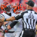 KANSAS CITY, MISSOURI - SEPTEMBER 15: Joe Burrow #9 of the Cincinnati Bengals holds back JaMarr Chase #1 of the Cincinnati Bengals from arguing in the fourth quarter with Trent McDuffie #22 of the Kansas City Chiefs at GEHA Field at Arrowhead Stadium on September 15, 2024 in Kansas City, Missouri. (Photo by David Eulitt/Getty Images)