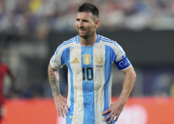 FILE - Argentina's Lionel Messi during a Copa America semifinal soccer match against Canada in East Rutherford, N.J., July 9, 2024. (AP Photo/Julia Nikhinson, File)