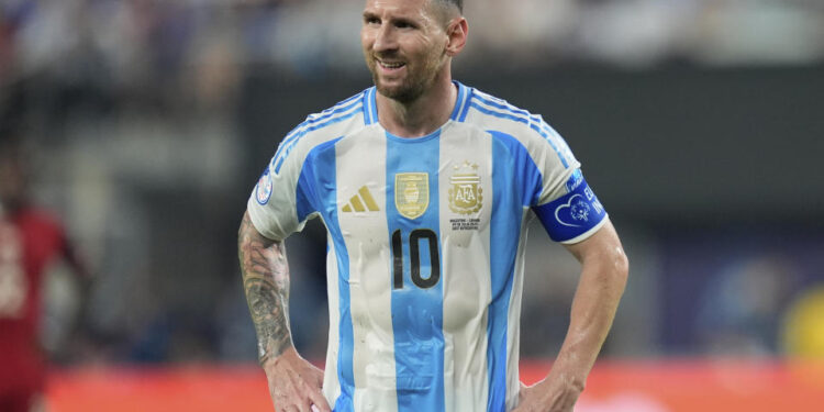 FILE - Argentina's Lionel Messi during a Copa America semifinal soccer match against Canada in East Rutherford, N.J., July 9, 2024. (AP Photo/Julia Nikhinson, File)