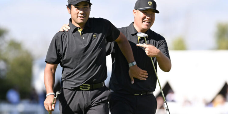 MONTREAL, QUEBEC - SEPTEMBER 27: Sungjae Im and Hideki Matsuyama of the International Team react to a birdie putt on the 10th green during Friday's Foursomes matches on day two of the 2024 Presidents Cup at The Royal Montreal Golf Club on September 27, 2024 in Montreal, Quebec. (Photo by Keyur Khamar/PGA TOUR via Getty Images)