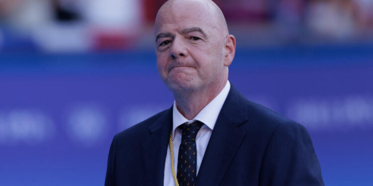 Gianni Infantino, President, FIFA, during the women's gold medal match between Team Brazil and Team United States at Parc des Princes during the 2024 Paris Summer Olympic Games in Paris, France. (Photo by Tnani Badreddine/DeFodi Images via Getty Images)