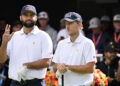 MONTREAL, QUEBEC - SEPTEMBER 26: Scottie Scheffler of the U.S. Team and Russell Henley of the U.S. Team stand on the first tee during Four-Ball on day one of the 2024 Presidents Cup at The Royal Montreal Golf Club on September 26, 2024 in Montreal, Quebec. (Photo by Ben Jared/PGA TOUR via Getty Images)