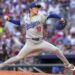 Los Angeles Dodgers pitcher Yoshinobu Yamamoto throws in the first inning of a baseball game.