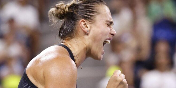 Aryna Sabalenka celebrates a point during her US Open fourth-round match