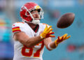 Aug 10, 2024; Jacksonville, Florida, USA; Kansas City Chiefs tight end Travis Kelce (87) warms up before a preseason game against the Jacksonville Jaguars at EverBank Stadium. Mandatory Credit: Nathan Ray Seebeck-USA TODAY Sports