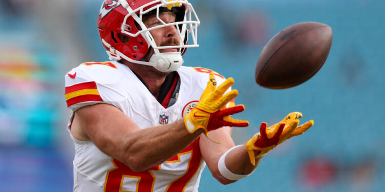 Aug 10, 2024; Jacksonville, Florida, USA; Kansas City Chiefs tight end Travis Kelce (87) warms up before a preseason game against the Jacksonville Jaguars at EverBank Stadium. Mandatory Credit: Nathan Ray Seebeck-USA TODAY Sports