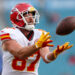 Aug 10, 2024; Jacksonville, Florida, USA; Kansas City Chiefs tight end Travis Kelce (87) warms up before a preseason game against the Jacksonville Jaguars at EverBank Stadium. Mandatory Credit: Nathan Ray Seebeck-USA TODAY Sports