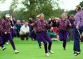 Europe's players run on to the green to celebrate Solheim Cup victory in 1992