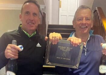 Steve Wilmhurst, left, and Liam Nairn were 'overjoyed' to get consecutive holes in one at Studley Wood Golf Club