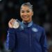 Bronze medalist Jordan Chiles of the United States poses for photos during the victory ceremony of women's floor exercise of artistic gymnastics at the Paris 2024 Olympic Games in Paris, France, Aug. 5, 2024. (Photo by Cao Can/Xinhua via Getty Images)