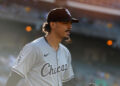 OAKLAND, CALIFORNIA - AUGUST 06: Miguel Vargas #20 of the Chicago White Sox looks on before the game against the Oakland Athletics at Oakland Coliseum on August 06, 2024 in Oakland, California. (Photo by Lachlan Cunningham/Getty Images)