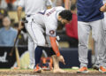 SAN DIEGO, CA - SEPTEMBER 17: Jose Altuve #27 of the Houston Astros points to his foot after grounding out during the ninth inning of a baseball game against the San Diego Padres at Petco Park on September 17, 2024 in San Diego, California. (Photo by Denis Poroy/Getty Images)