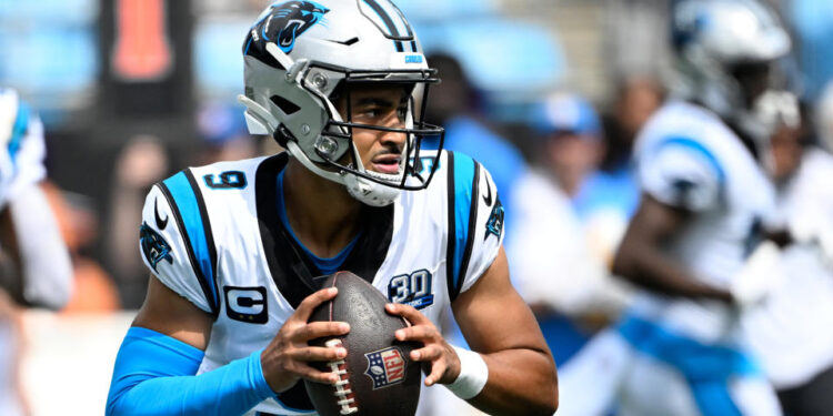 Sep 15, 2024; Charlotte, North Carolina, USA; Carolina Panthers quarterback Bryce Young (9) looks to pass in the third quarter at Bank of America Stadium. Mandatory Credit: Bob Donnan-Imagn Images