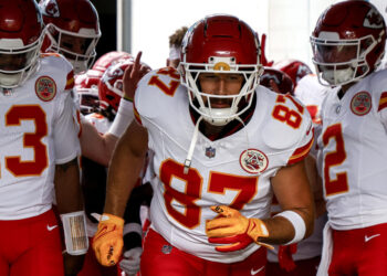 JACKSONVILLE, FL - AUGUST 10: Tight End Travis Kelce #87 of the Kansas City Chiefs runs on the field from the tunnel prior to a preseason game against the Jacksonville Jaguars at EverBank Stadium on August 10, 2024 in Jacksonville, Florida. The Jaguars defeated the Chiefs 26 to 13. (Photo by Don Juan Moore/Getty Images)