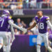 Sep 15, 2024; Minneapolis, Minnesota, USA; Minnesota Vikings wide receiver Justin Jefferson (18) celebrates an interception with cornerback Byron Murphy Jr. (7) against the San Francisco 49ers in the third quarter at U.S. Bank Stadium. Mandatory Credit: Brad Rempel-Imagn Images