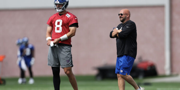 EAST RUTHERFORD, NEW JERSEY - JUNE 06: (L-R) Daniel Jones #8 and head coach Brian Daboll of the New York Giants during New York Giants OTA Offseason Workouts at NY Giants Quest Diagnostics Training Center on June 06, 2024 in East Rutherford, New Jersey.  (Photo by Luke Hales/Getty Images)