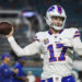 MIAMI GARDENS, FL - SEPTEMBER 12: Josh Allen #17 of the Buffalo Bills warms up prior to an NFL football game against the Miami Dolphins at Hard Rock Stadium on September 12, 2024 in Miami Gardens, FL. (Photo by Perry Knotts/Getty Images)