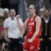 Indiana Fever's Caitlin Clark reacts during the second half of a WNBA basketball game against the Las Vegas Aces, Wednesday, Sept. 11, 2024, in Indianapolis. (AP Photo/Darron Cummings)