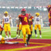 Sep 1, 2024; Paradise, Nevada, USA; Southern California Trojans running back Woody Marks (4) celebrates after scoring a touchdown against the LSU Tigers during the second quarter at Allegiant Stadium. Mandatory Credit: Stephen R. Sylvanie-USA TODAY Sports