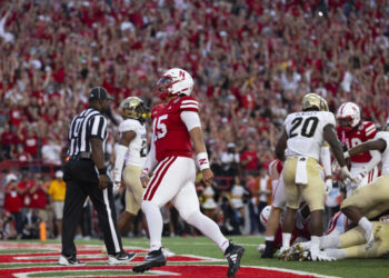 Nebraska quarterback Dylan Raiola (15) celebrates following a touchdown by Dante Dowdell, not pictured, during the first half of an NCAA college football game against Colorado, Saturday, Sept. 7, 2024, in Lincoln, Neb. (AP Photo/Rebecca S. Gratz)