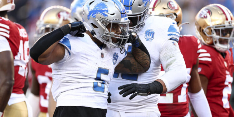 SANTA CLARA, CA - JANUARY 28: David Montgomery #5 of the Detroit Lions celebrates after scoring a touchdown during the first quarter of the NFC Championship NFL football game against the San Francisco 49ers at Levi's Stadium on January 28, 2024 in Santa Clara, California. (Photo by Kevin Sabitus/Getty Images)