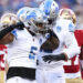 SANTA CLARA, CA - JANUARY 28: David Montgomery #5 of the Detroit Lions celebrates after scoring a touchdown during the first quarter of the NFC Championship NFL football game against the San Francisco 49ers at Levi's Stadium on January 28, 2024 in Santa Clara, California. (Photo by Kevin Sabitus/Getty Images)