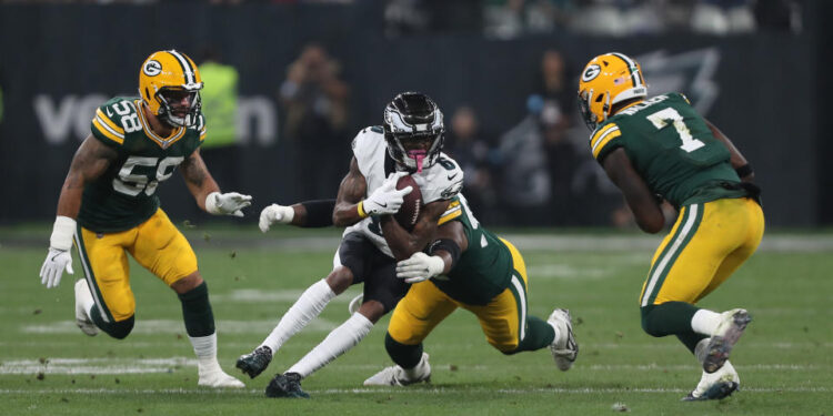 DeVonta Smith of the Philadelphia Eagles runs after a catch against the Packers. (Photo by Wagner Meier/Getty Images)