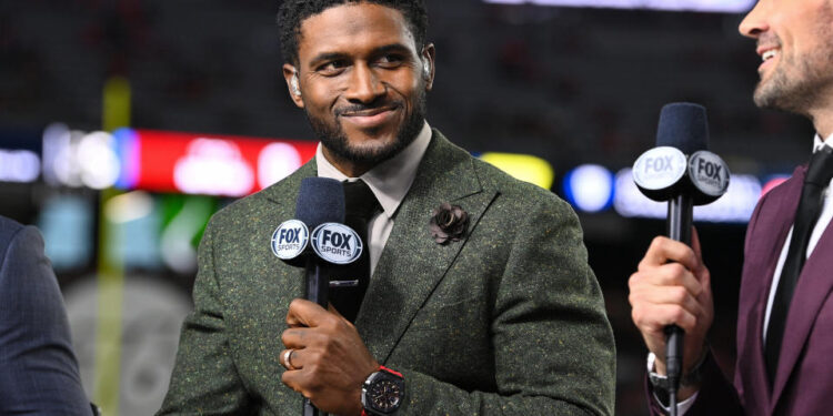 LAS VEGAS, NV - DECEMBER 02: Fox college football studio analyst Reggie Bush looks on before the Pac-12 Conference championship game between the Utah Utes and the USC Trojans at Allegiant Stadium on December 2, 2022 in Las Vegas, Nevada. (Photo by Brian Rothmuller/Icon Sportswire via Getty Images)