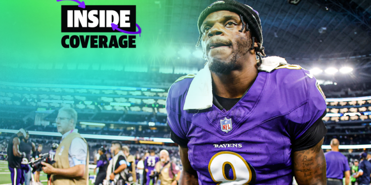 ARLINGTON, TEXAS - SEPTEMBER 22: Quarterback Lamar Jackson #8 of the Baltimore Ravens leaves the field after a win against the Dallas Cowboys at AT&T Stadium on September 22, 2024 in Arlington, Texas. (Photo by Ron Jenkins/Getty Images)